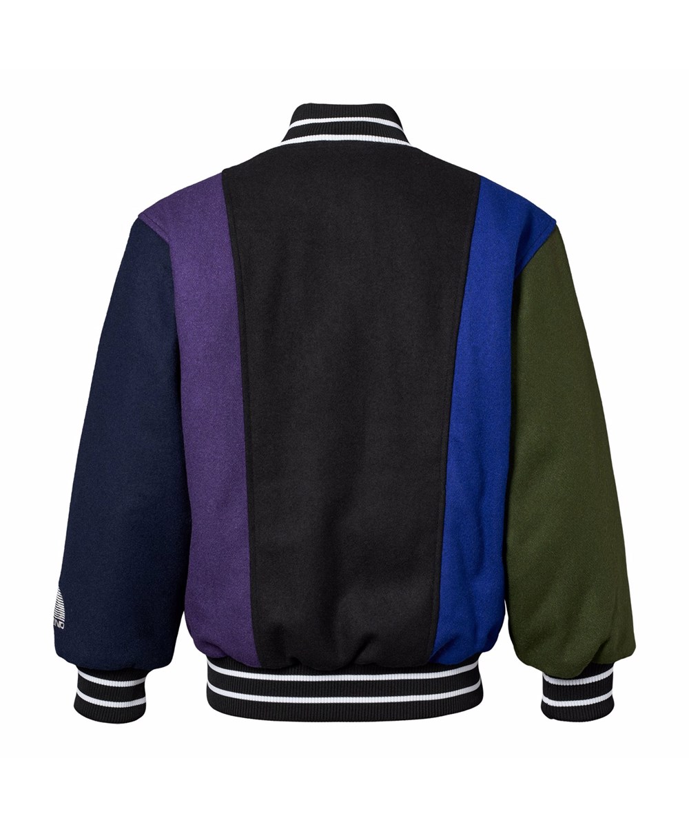 Hani - More Colours - Baseball jacket in black, blue, green, and purple colors made of a sturdy wool blend.
