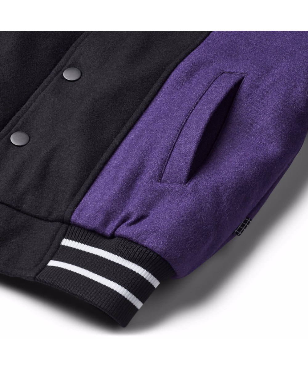 Hani - More Colours - Baseball jacket in black, blue, green, and purple colors made of a sturdy wool blend.