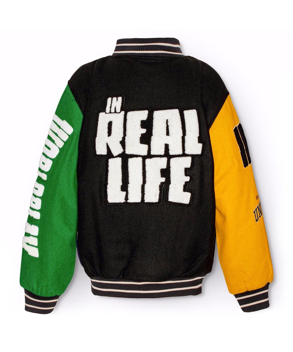 Hani - Multicolored - Children's baseball jacket in green, yellow, grey, and purple colours.