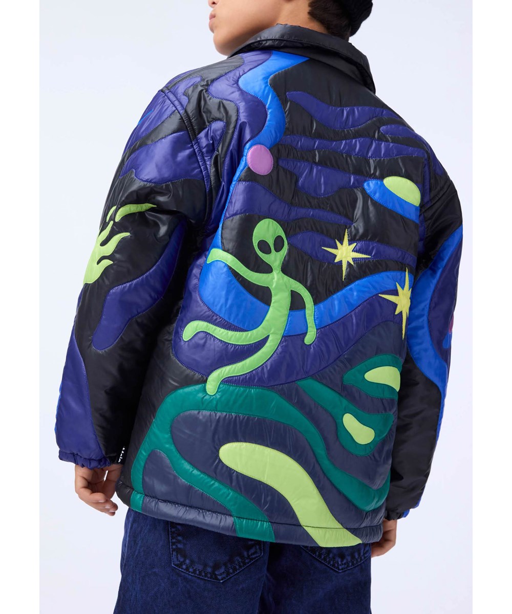 Haraldur - Space Quilt - Black quilted jacket for children with space monsters and aliens in beautiful colors.