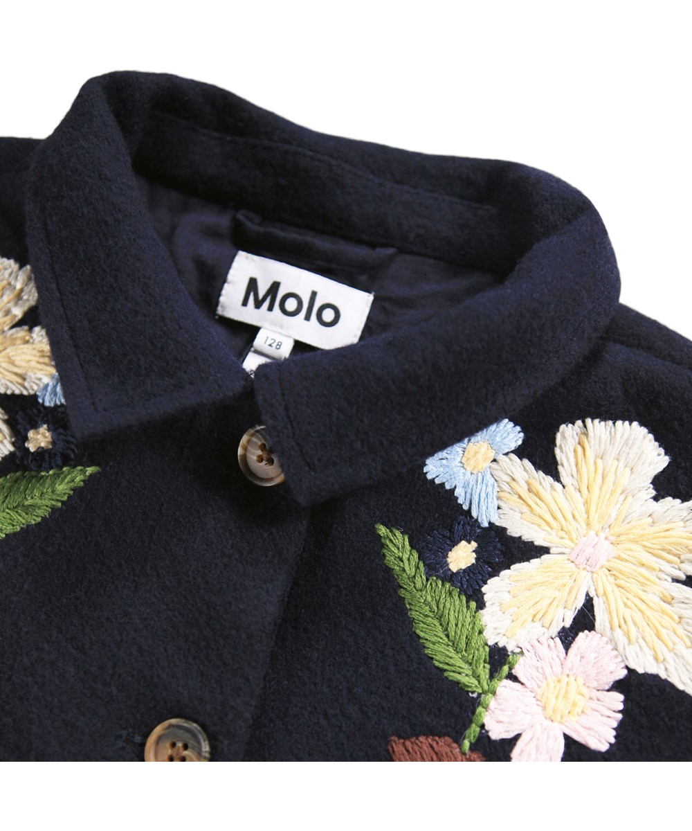 Harmoney - Forest Bloom - Dark blue wool jacket for children with elegant embroidery on the front.