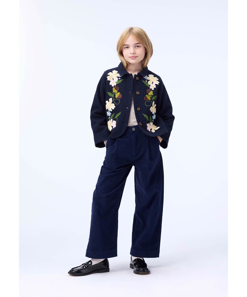 Harmoney - Forest Bloom - Dark blue wool jacket for children with elegant embroidery on the front.