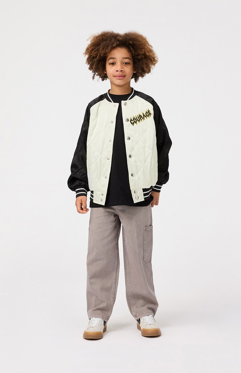 Haru - Molo-Cross - Quilted bomber jacket for children in black and off-white with an embroidered back patch of a motocross rider and the text "Courage".