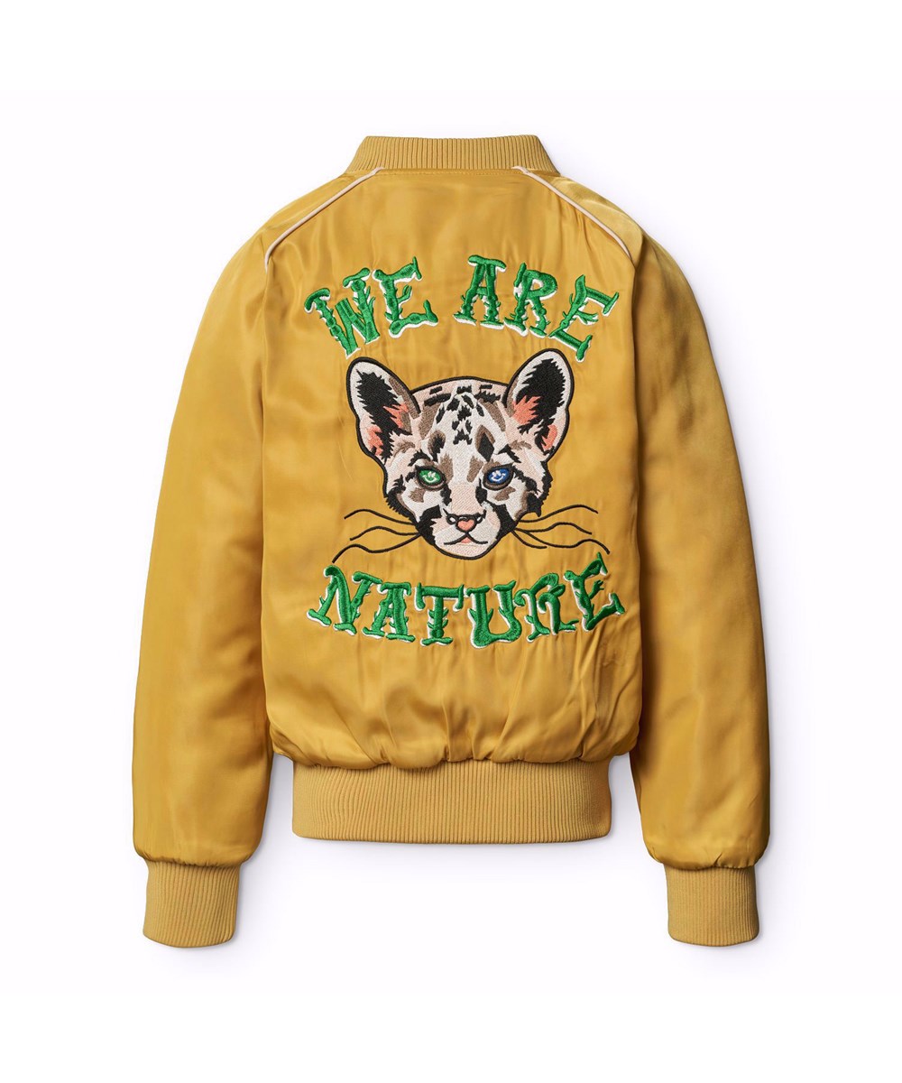Hatty - We Love Nature - Quilted bomber jacket for children in yellow with an embroidered back patch of a baby cheetah and the text "We are Nature".