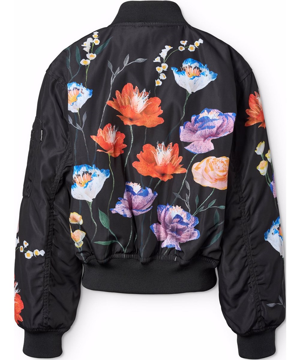 Hedia - Paper Flora - Black bomber jacket for children with a colourful floral print made from recycled polyester.