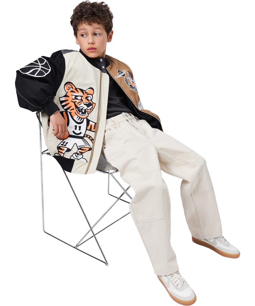 Hedley - Basket Comics - Beige, black and brown bomber jacket for children with a tiger print.