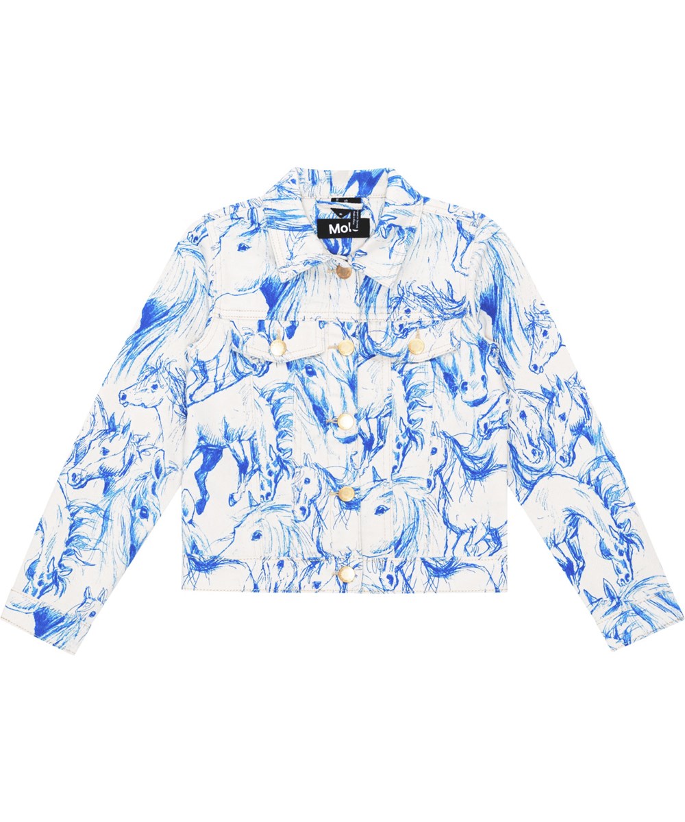 Heidi - Blue Horses - White, children's denim jacket with horse print