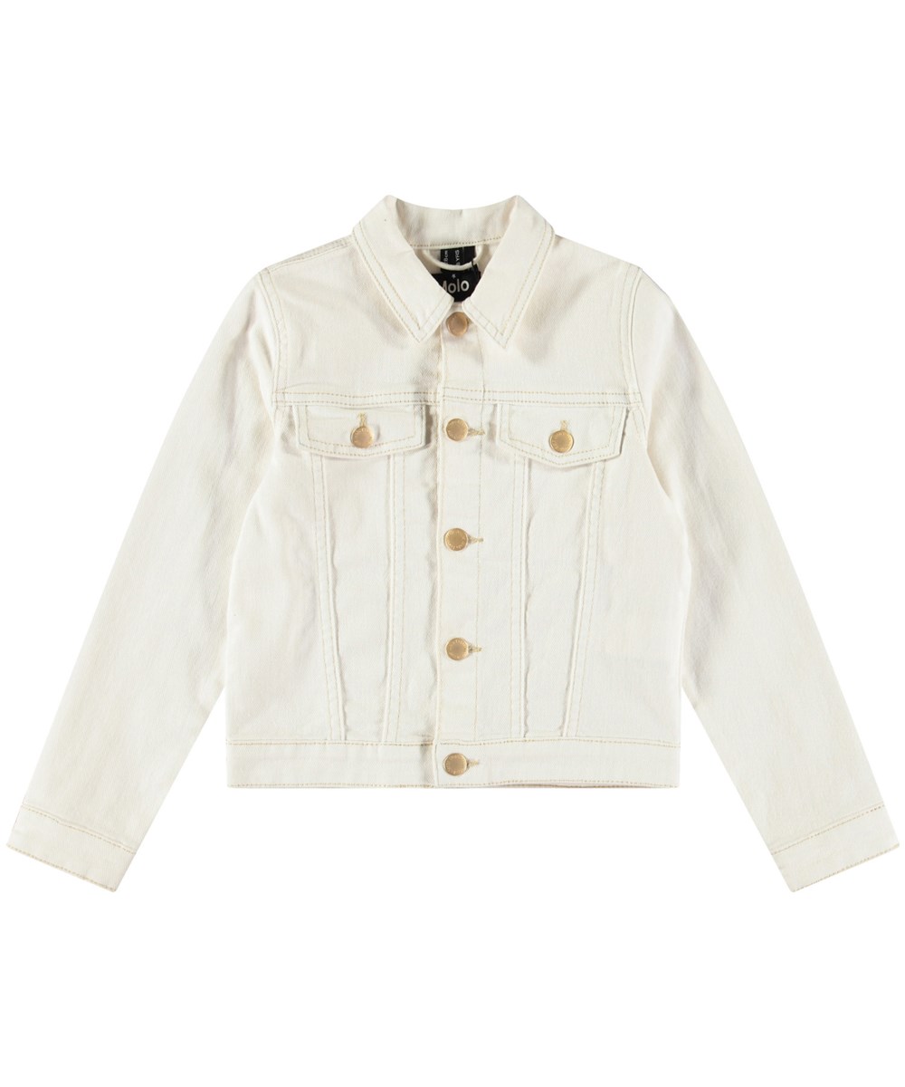 Heidi - Crisp White - White denim jacket for children with decorative stitching. The jacket has a close fit, shirt collar and gold-coloured buttons on the front, pockets, and at the cuffs.