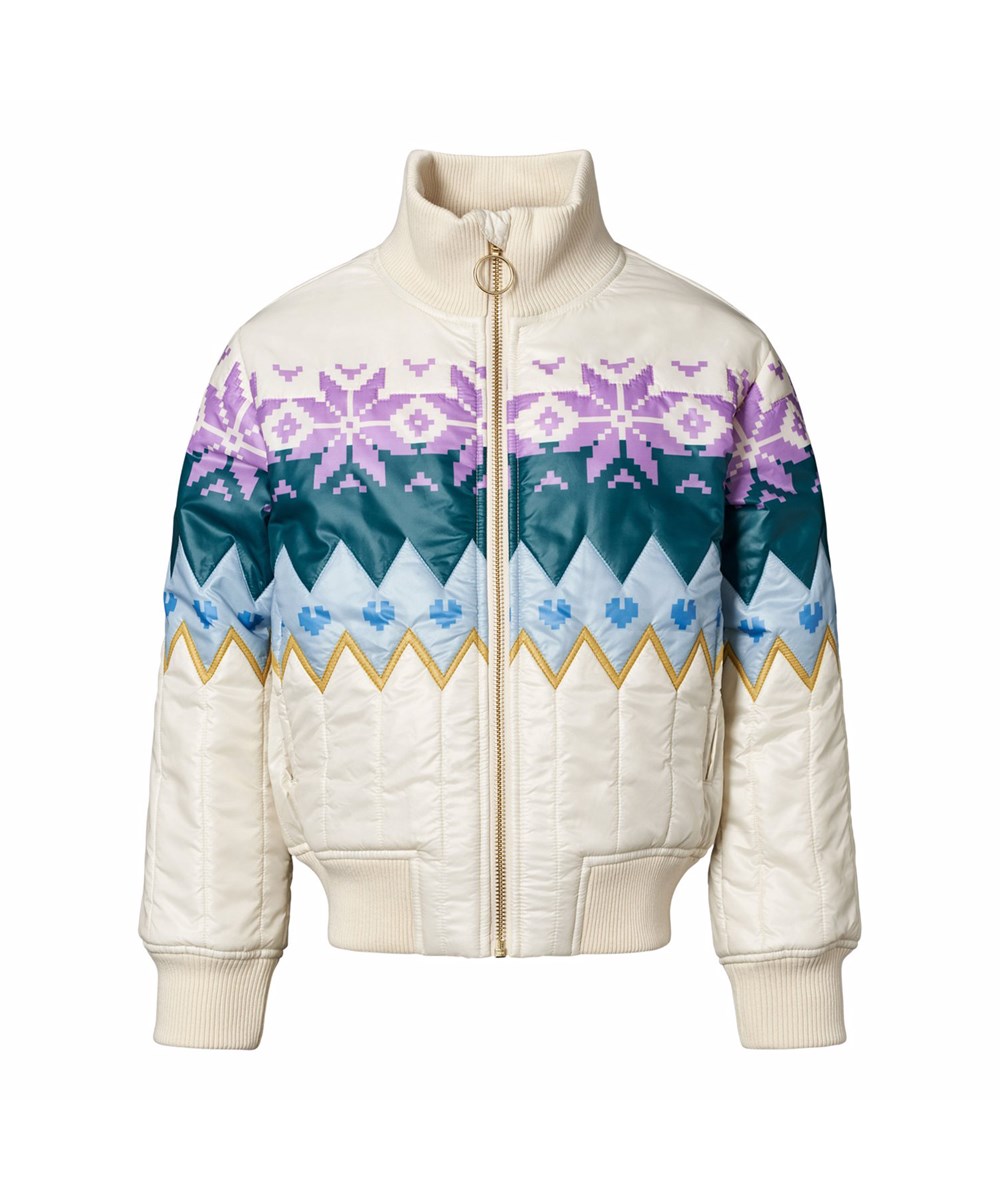 Henna - Grande Nordic - Off-white quilted jacket for children with Norwegian-inspired pattern in multiple colours.
