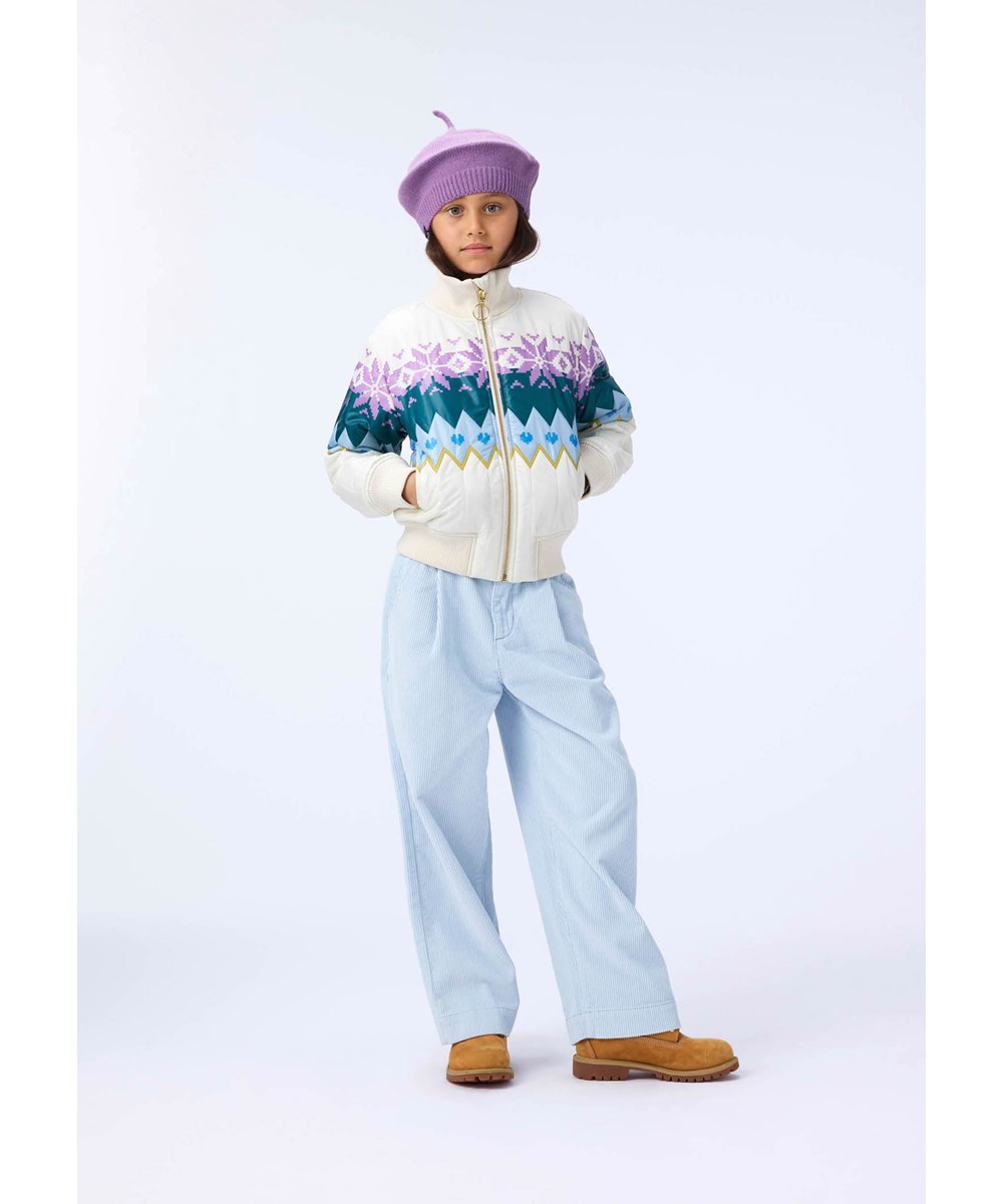 Henna - Grande Nordic - Off-white quilted jacket for children with Norwegian-inspired pattern in multiple colours.