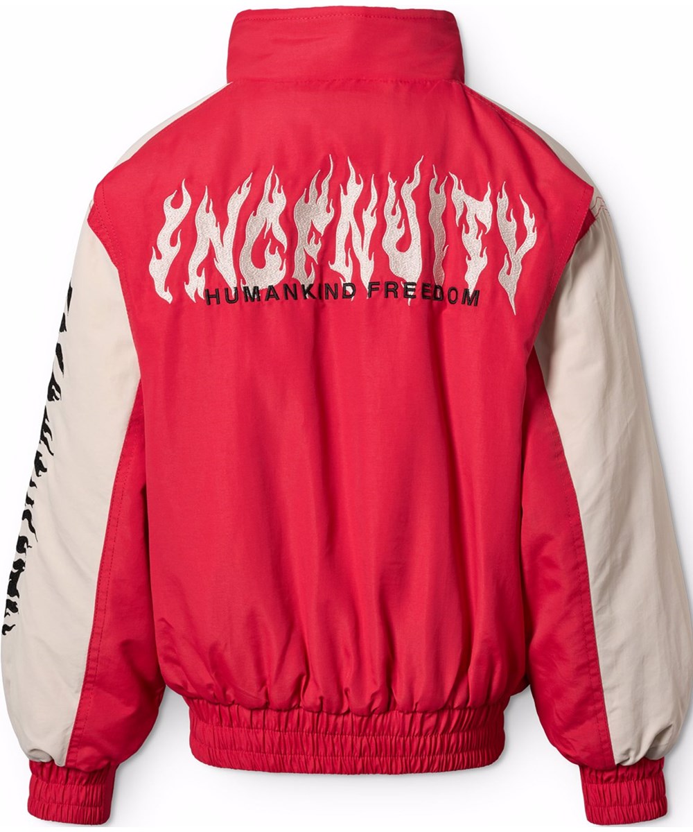 Herold - Vivid - Red and white jacket for children with an embroidered text on the back and sleeve, "Ingenuity humankind freedom".