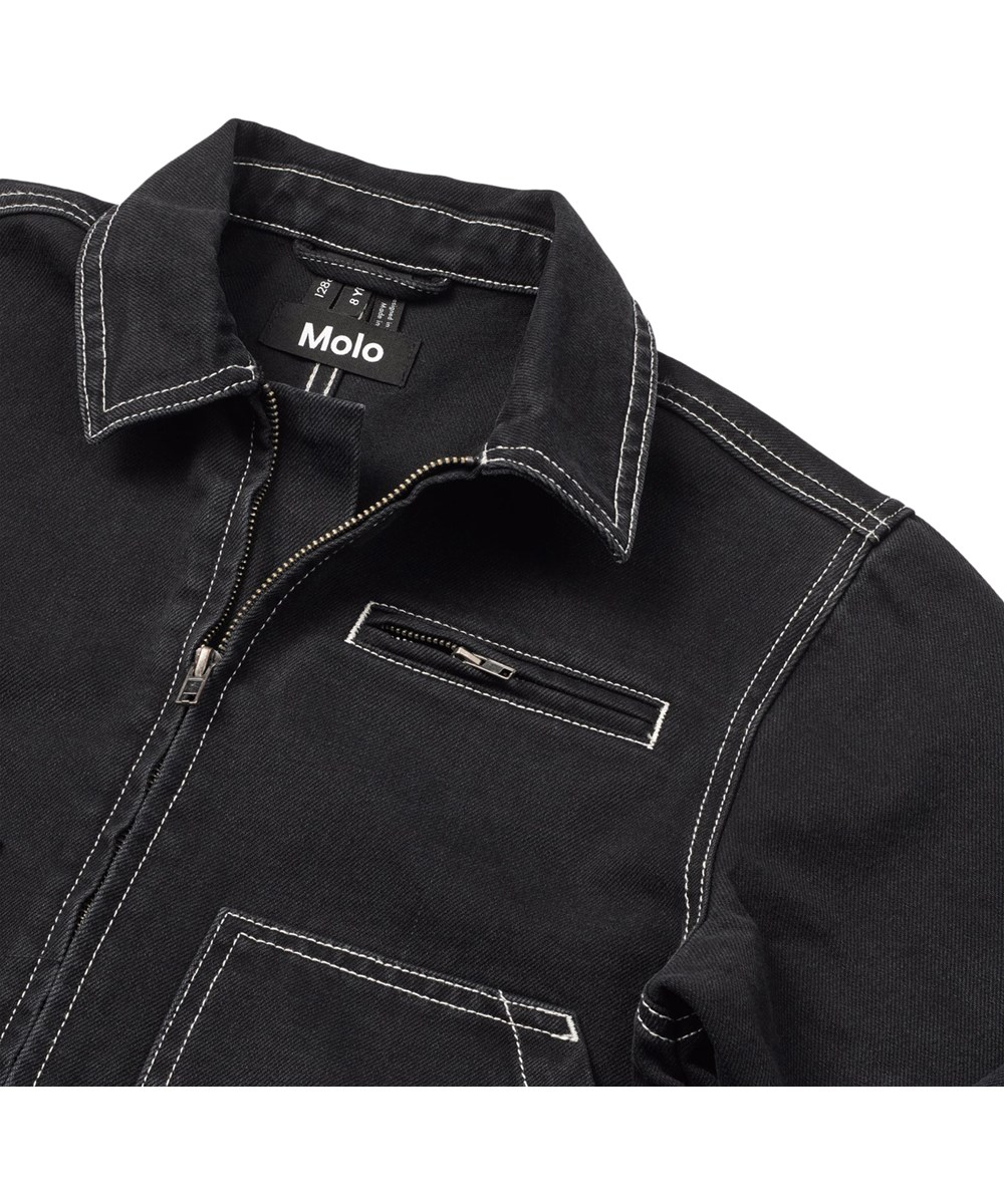 Hetson - Washed Black - Black denim jacket for children made of organic cotton with zip.