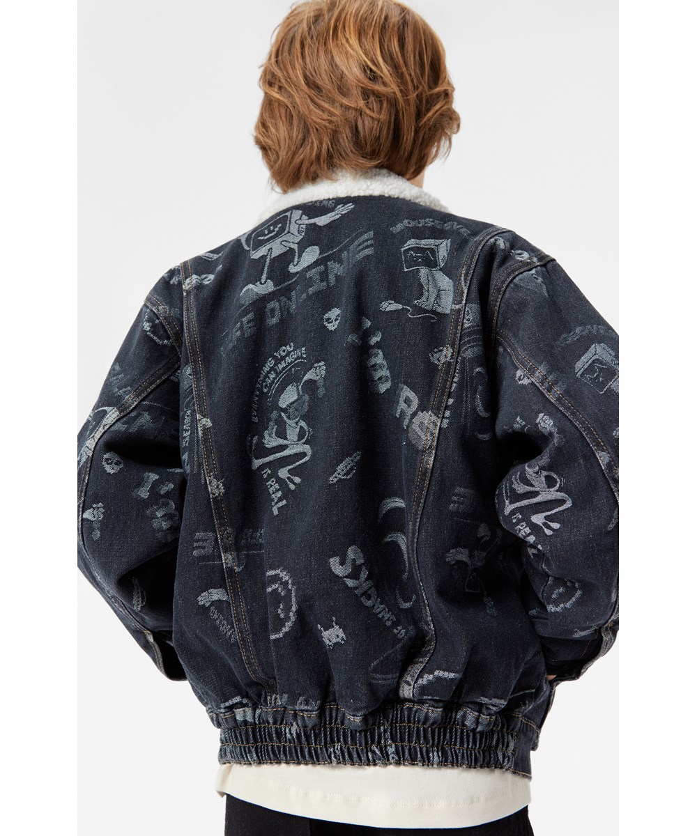 Hiro - Comic Jacquard - Stylish black denim jacket with a bright comic print.