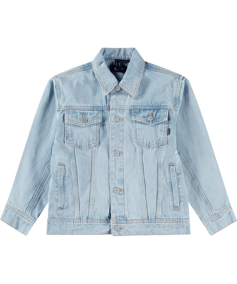 Honore - Sun-Bleach Blue - Light blue denim jacket for children in cotton with a banana peel embroidery on the back and the text on the sleeve "If you slip.... Get back up".