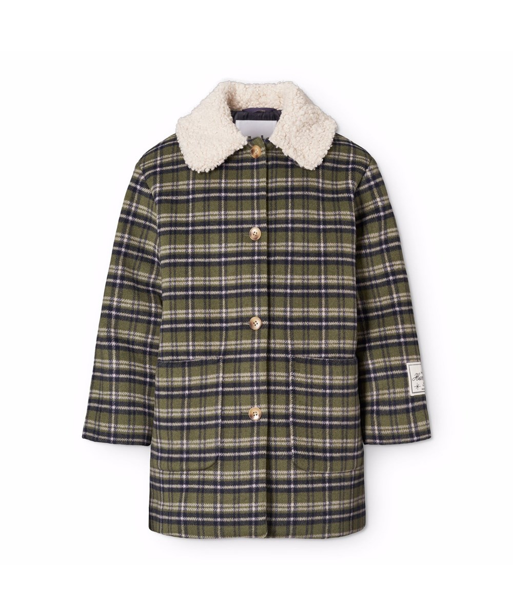 Hope - Evergreen Check - Knee-length blue, green, and white checkered jacket for children made of recycled polyester and wool blend.