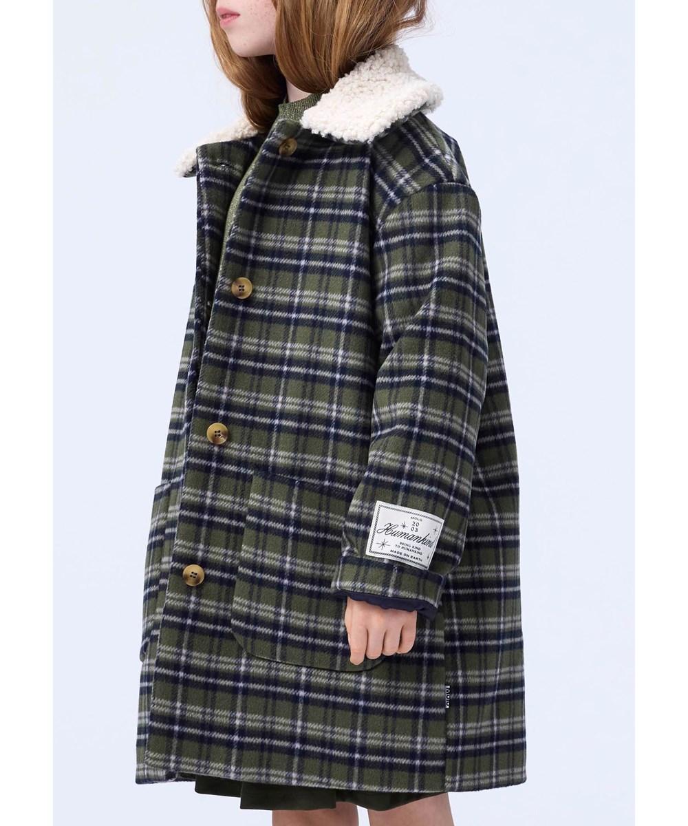 Hope - Evergreen Check - Knee-length blue, green, and white checkered jacket for children made of recycled polyester and wool blend.