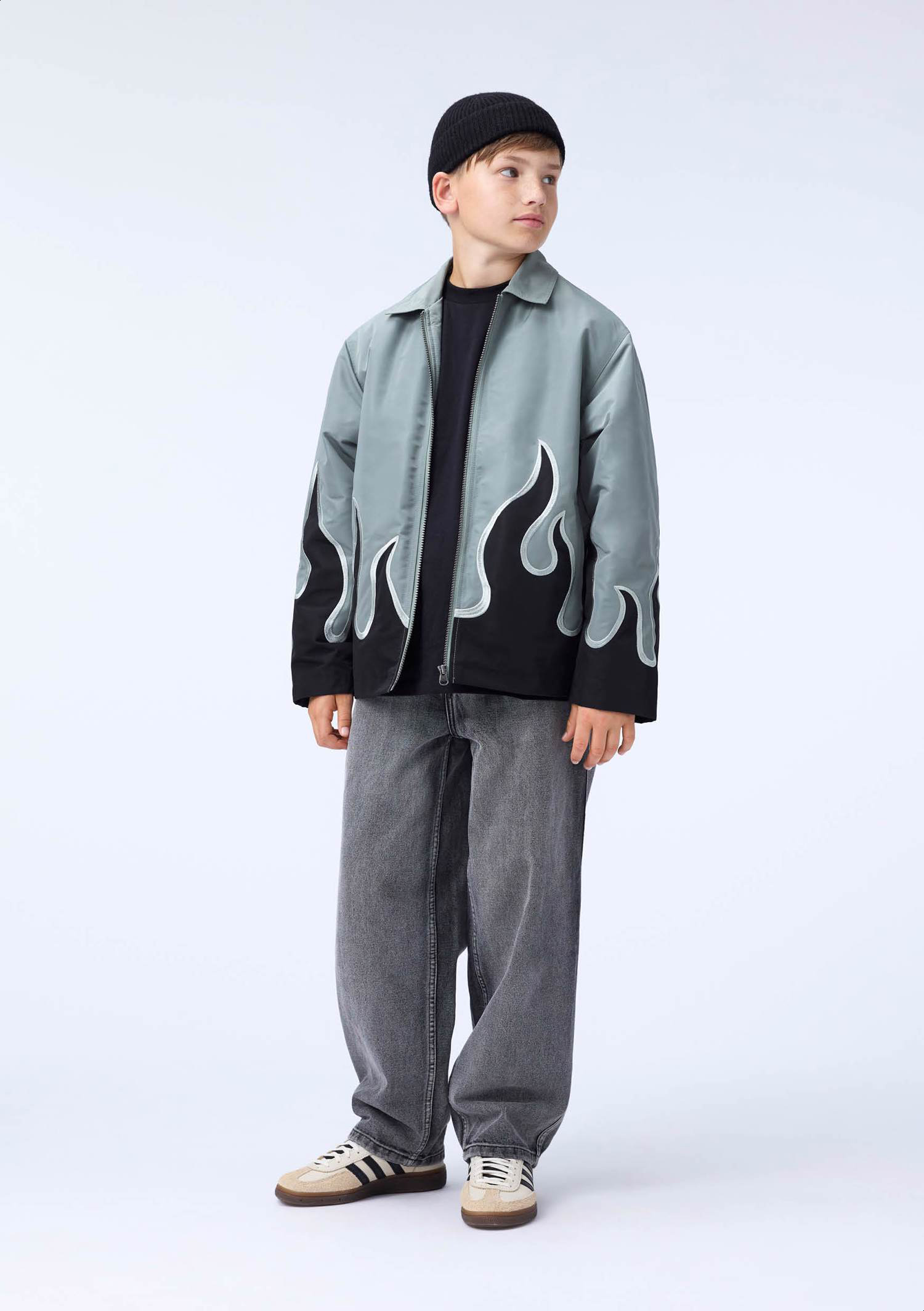 Hotson - Heated - Grey jacket for children with black flames made
