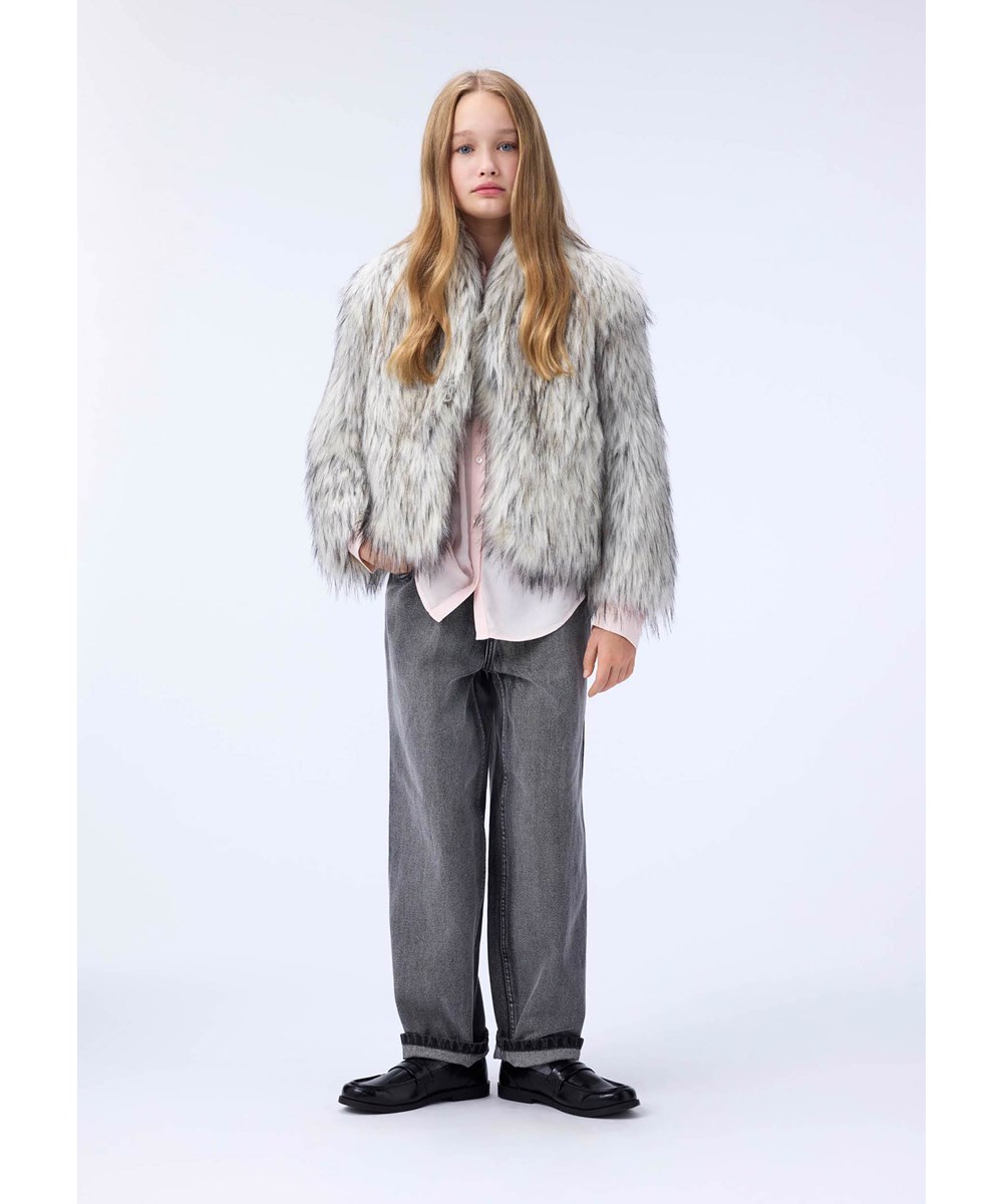 Hyacinth - Greyish - Faux fur jacket in grey and black colours for children with a high collar.