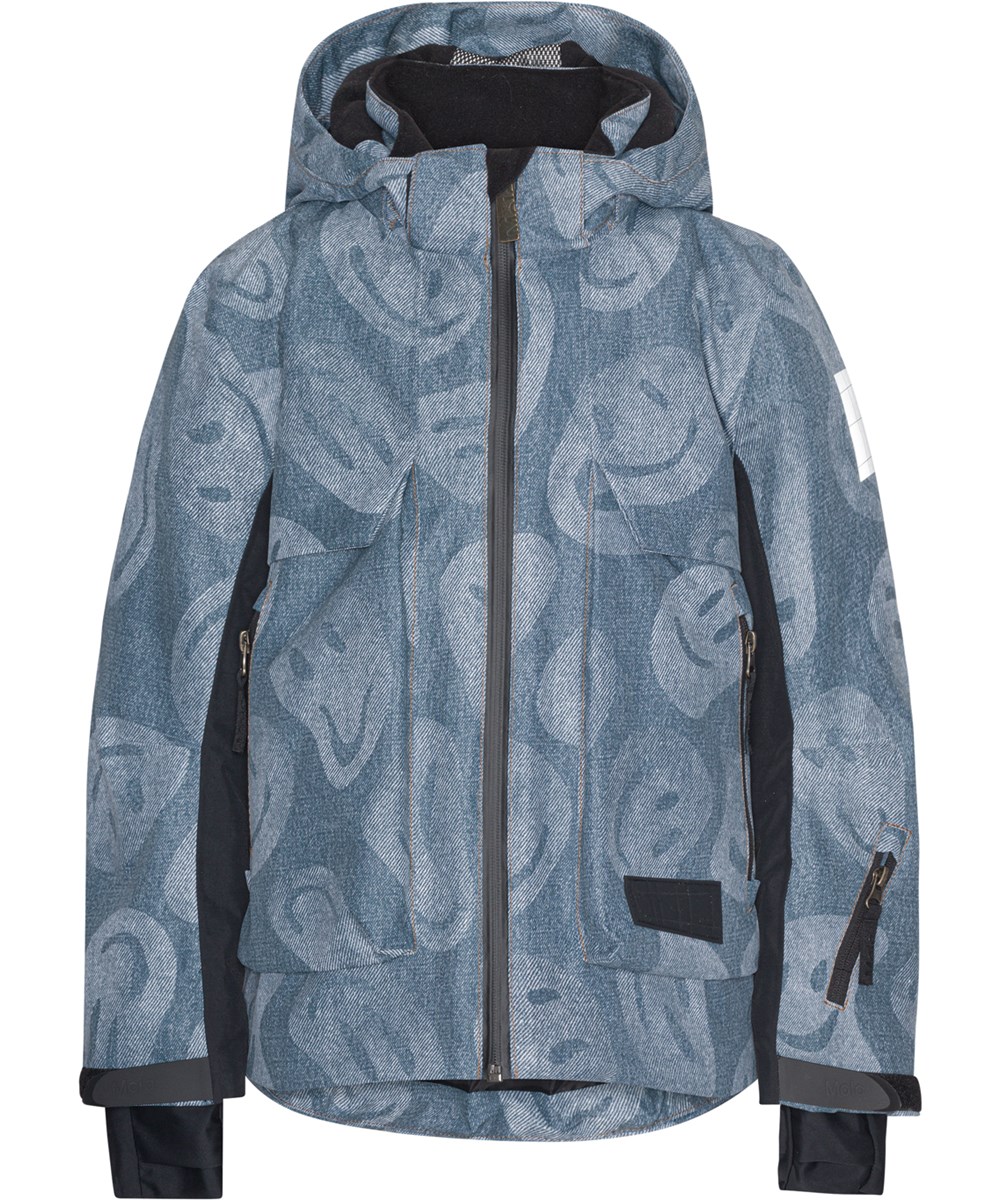 Alpine - Denim Swirley - Recycled ski jacket in blue with smiley face print