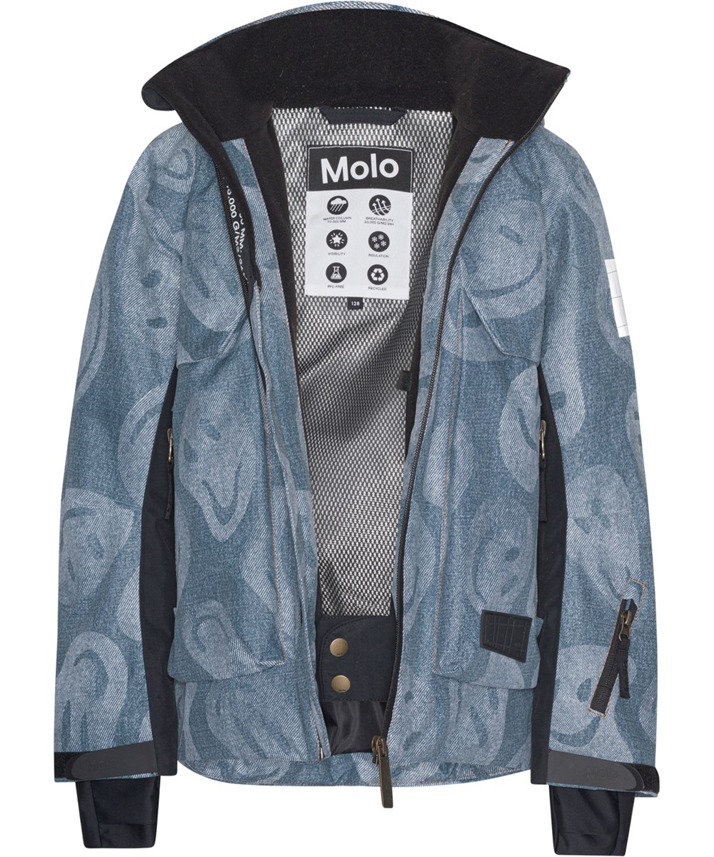 Alpine - Denim Swirley - Recycled ski jacket in blue with smiley face print
