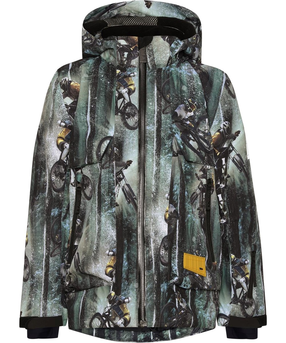 Alpine - Snow Bikers - Recycled waterproof green ski jacket with bicycle