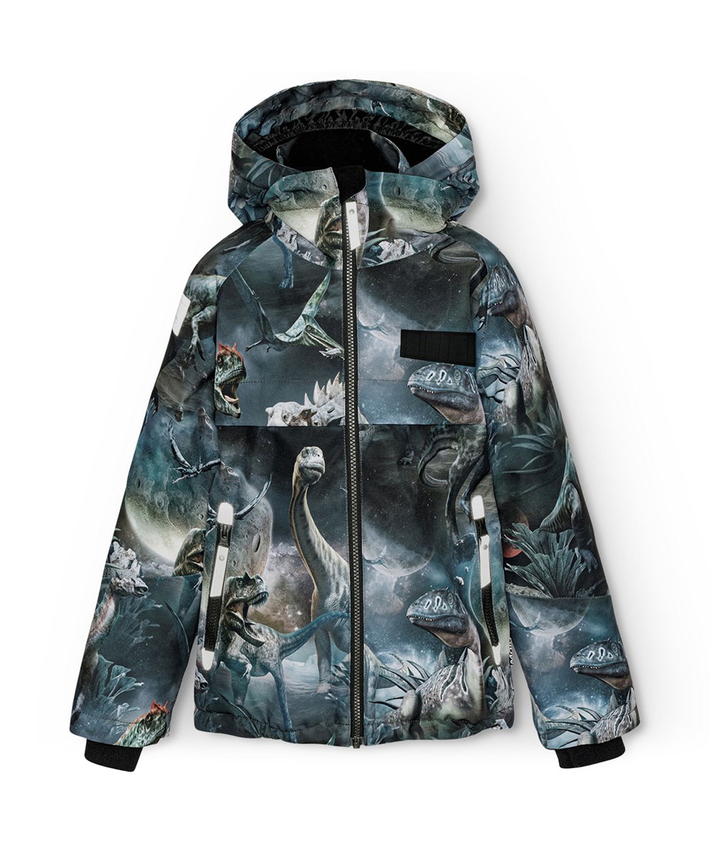 Castor - Dino In Space - Wind- and waterproof winter jacket for children in recycled polyester with a print of dinosaurs in space in shades of blue, green, and brown.