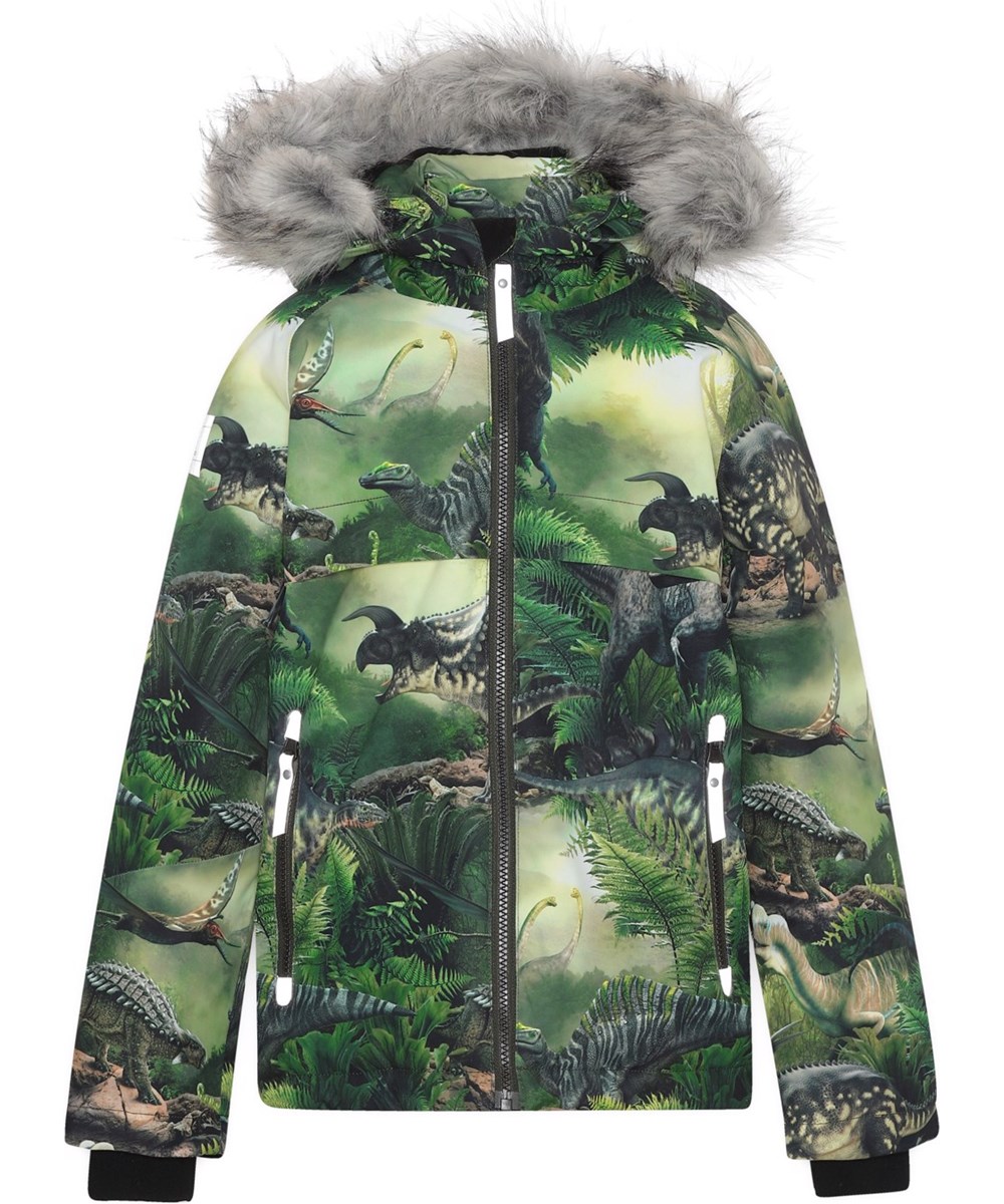 Castor Fur - Dino Forest - Recycled green winter jacket with dinosaur print