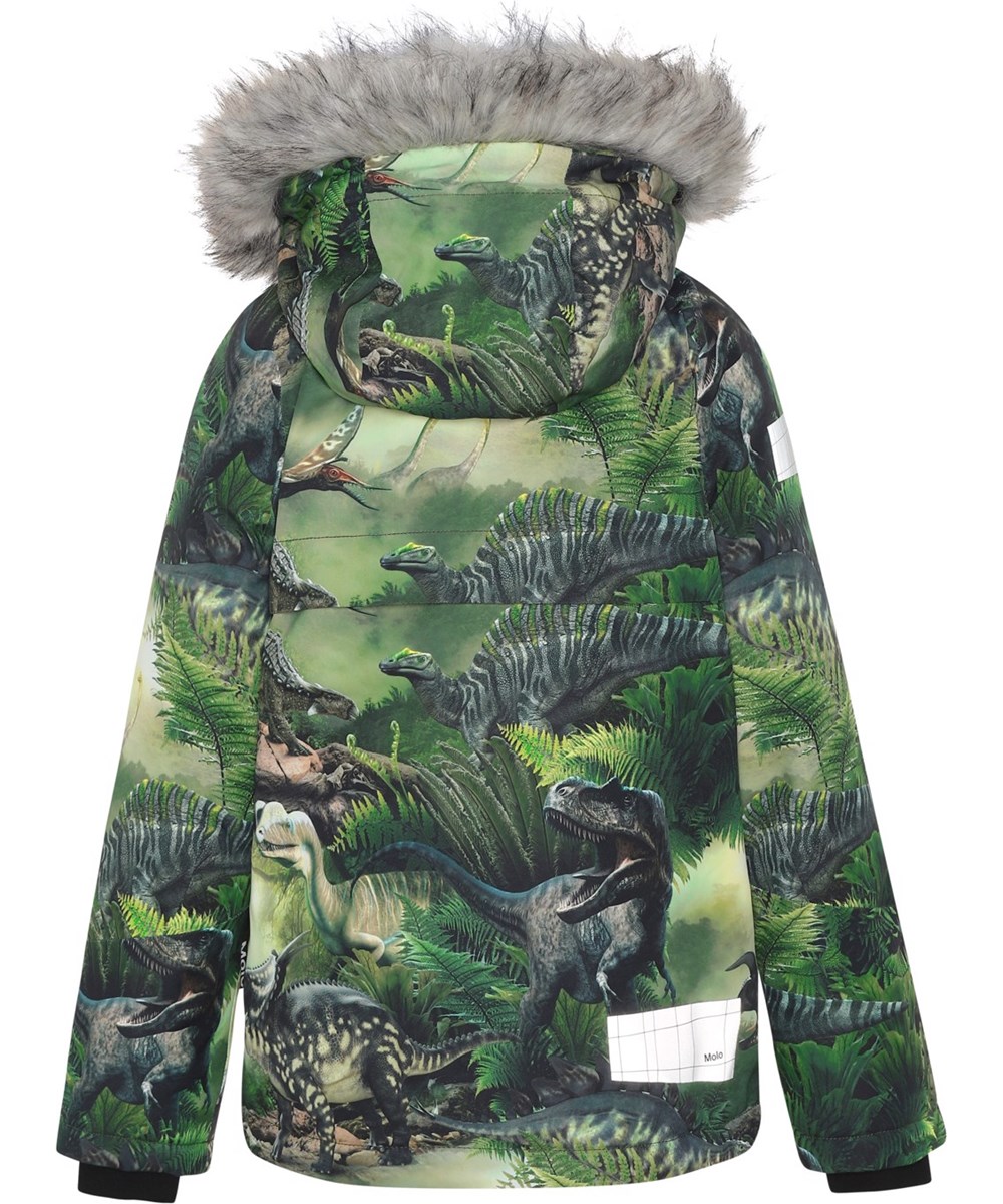 Castor Fur - Dino Forest - Recycled green winter jacket with dinosaur print