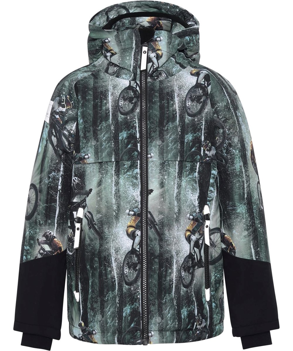 Castor - Snow Bikers - Recycled winter jacket in green with a print of a bike