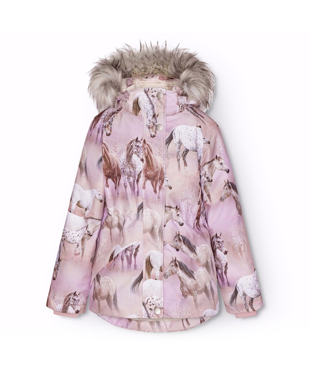 Cathy Fur - Dreamy Horses - Wind- and waterproof winter jacket for children in recycled polyester with a print of horses on a dreamy background in shades of pink and purple.