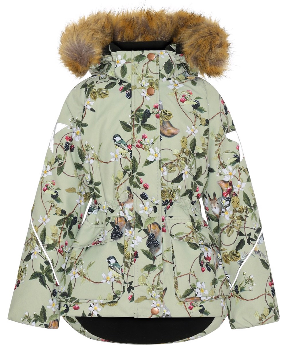 Cathy Fur - Forest Life - Recycled green winter jacket with flowers and berries 