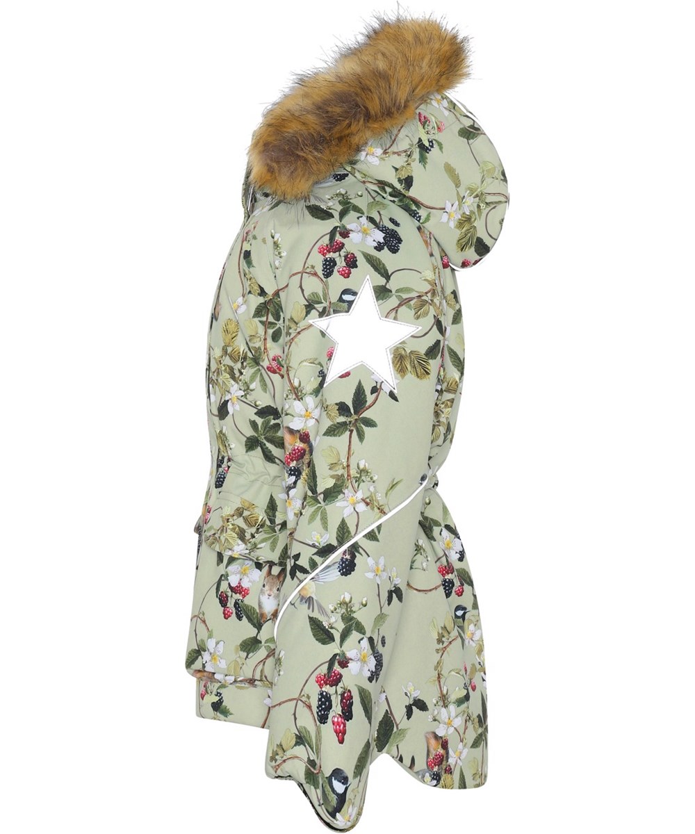 Cathy Fur - Forest Life - Recycled green winter jacket with flowers and berries 