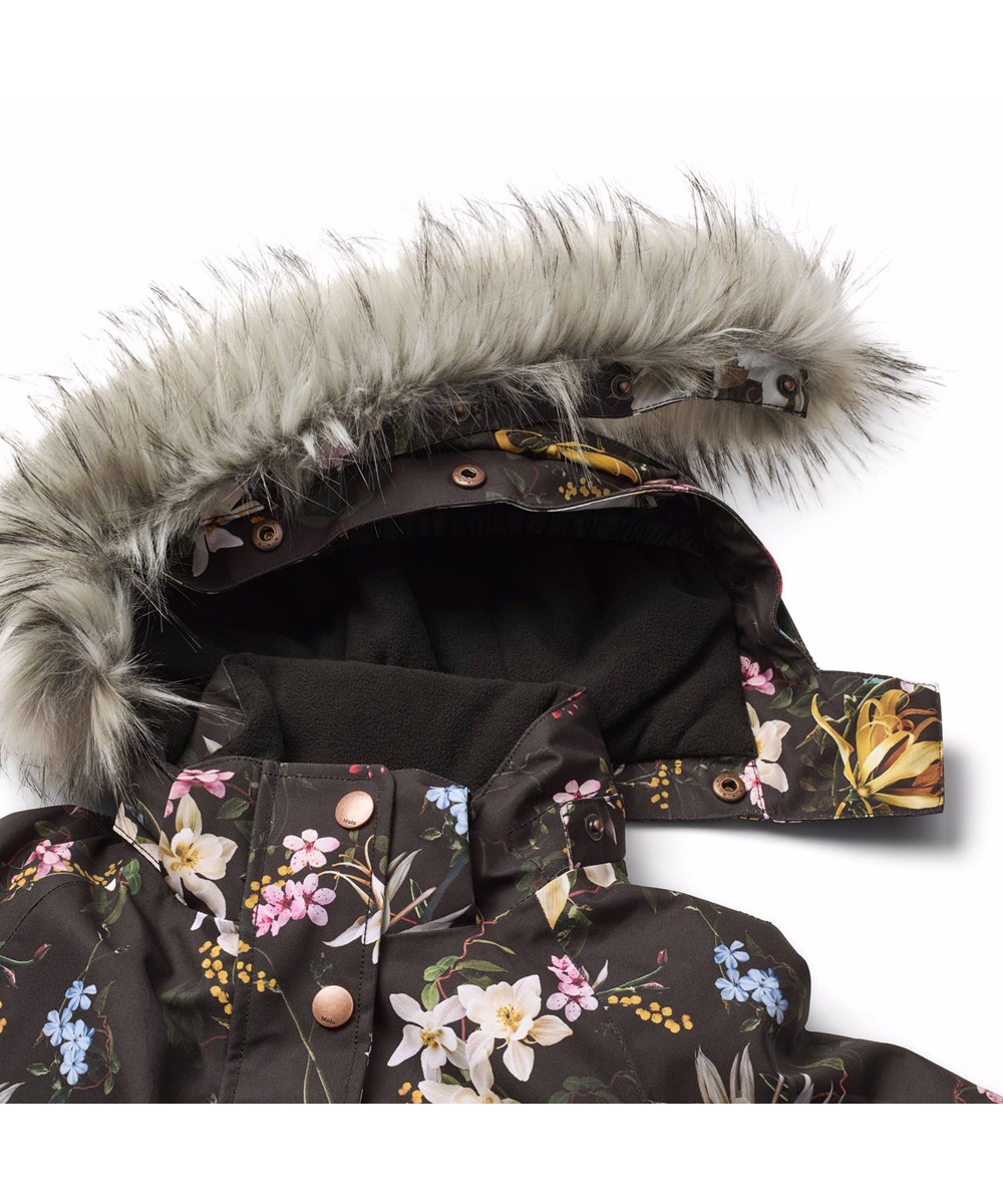 Cathy Fur - Paisley Flowers - Black wind and waterproof winter jacket for children in recycled polyester, padded with 3M™ Thinsulate™.