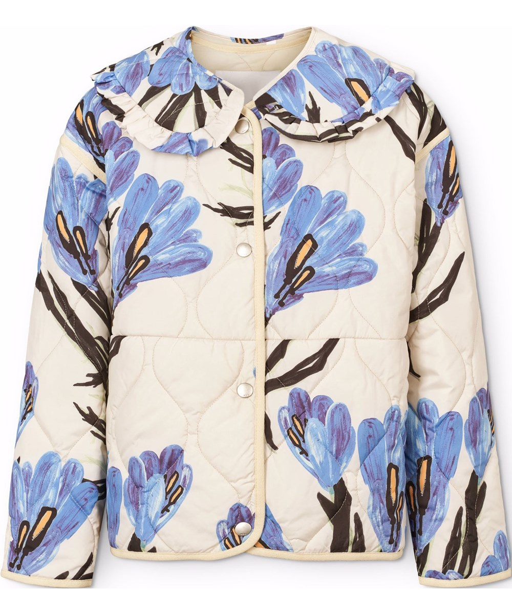 Hailey - Painted Crocus - Off-white wind and water-resistant padded jacket for children made of soft cotton with a wavy quilted pattern and floral print.