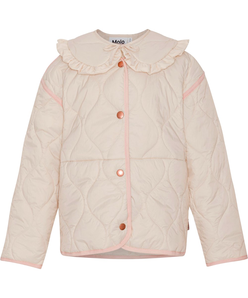 Hailey - Summer Sand - Beige, quilted children's summer jacket with detachable ruffle collar
