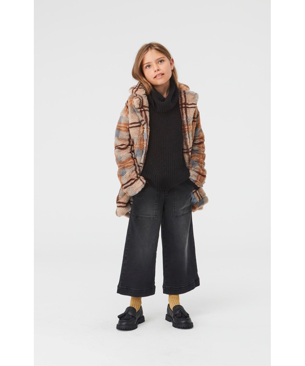 Haili - Check Fur - Faux fur jacket with brown and light blue plaid