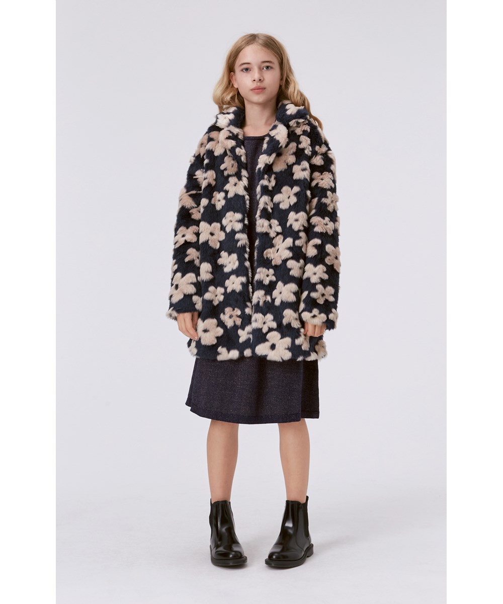 Haili - Flower Fur - Dark blue faux-fur coat with beige flowers