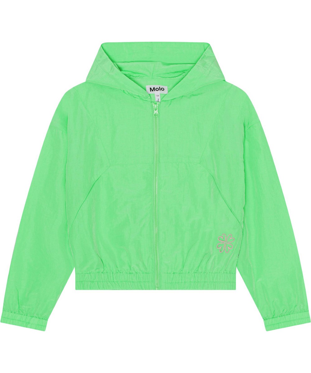 Hali - Classic Green - Neon green sports jacket with a small, embroidered clover on the front and hood
