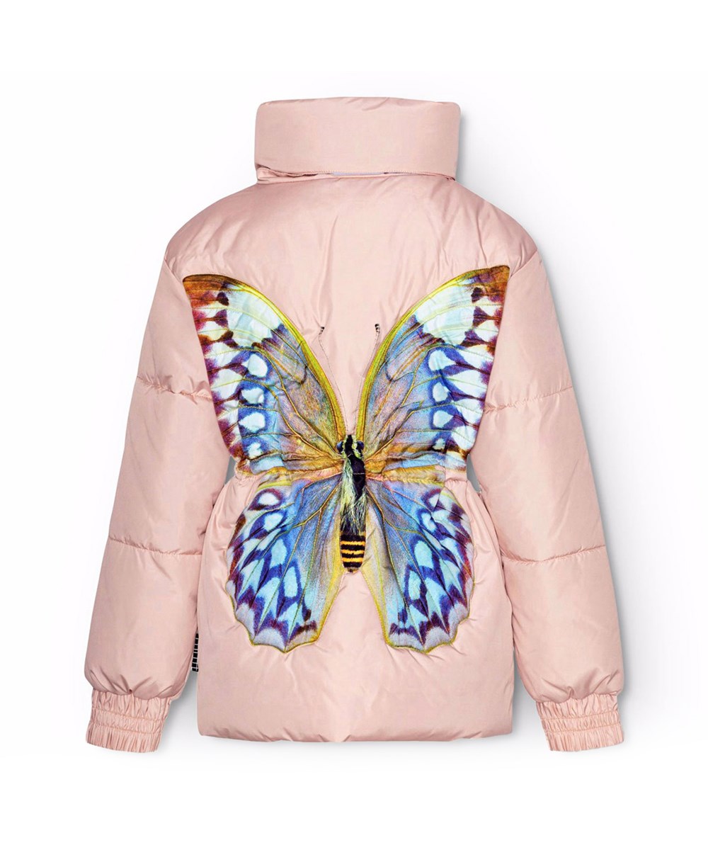 Hally - Papillion Quilt - Water-repellent pink jacket for children with a beautiful butterfly print on the back.