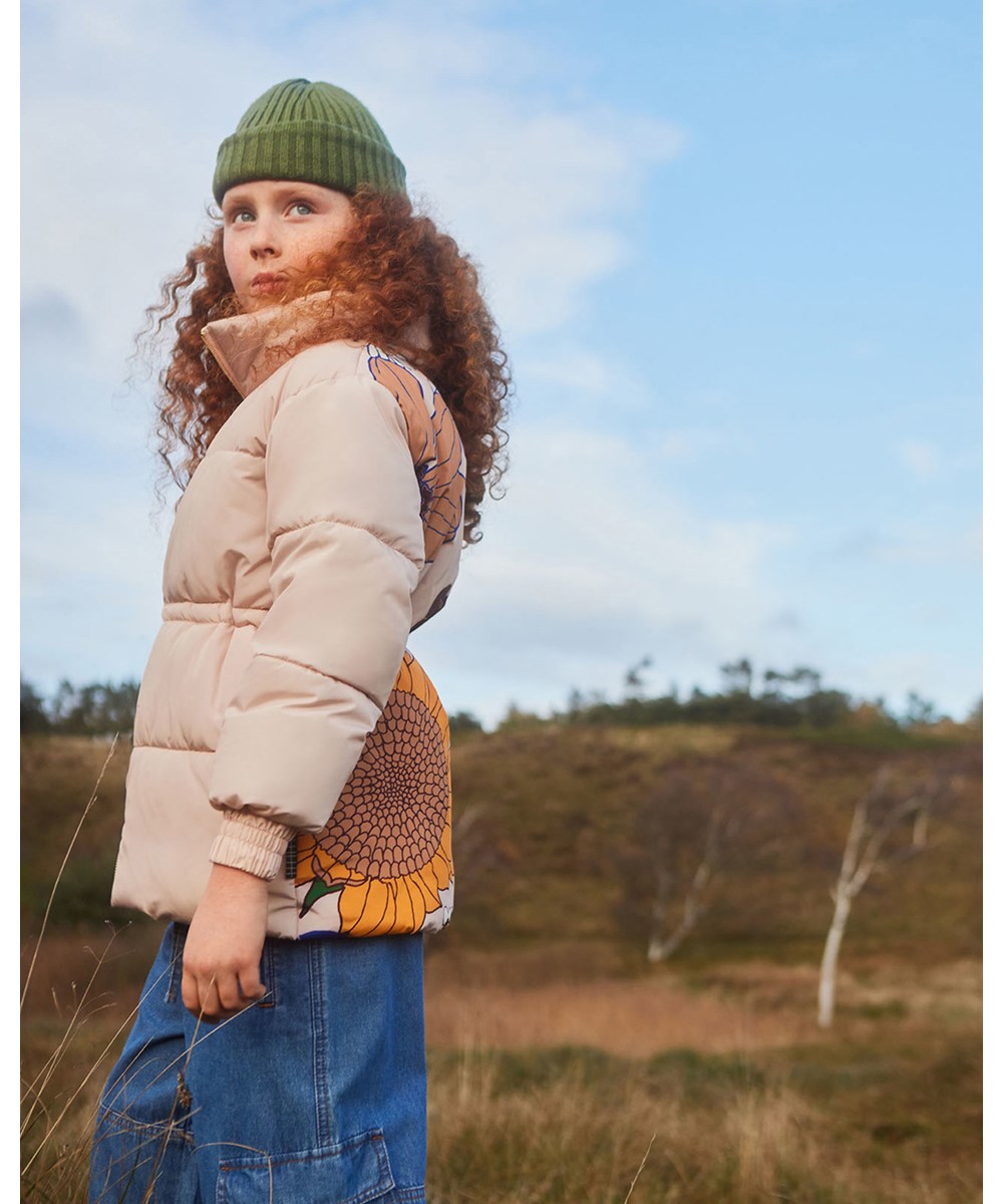 Hally - Retro Drawing - Pink puffer jacket with flower print on the back