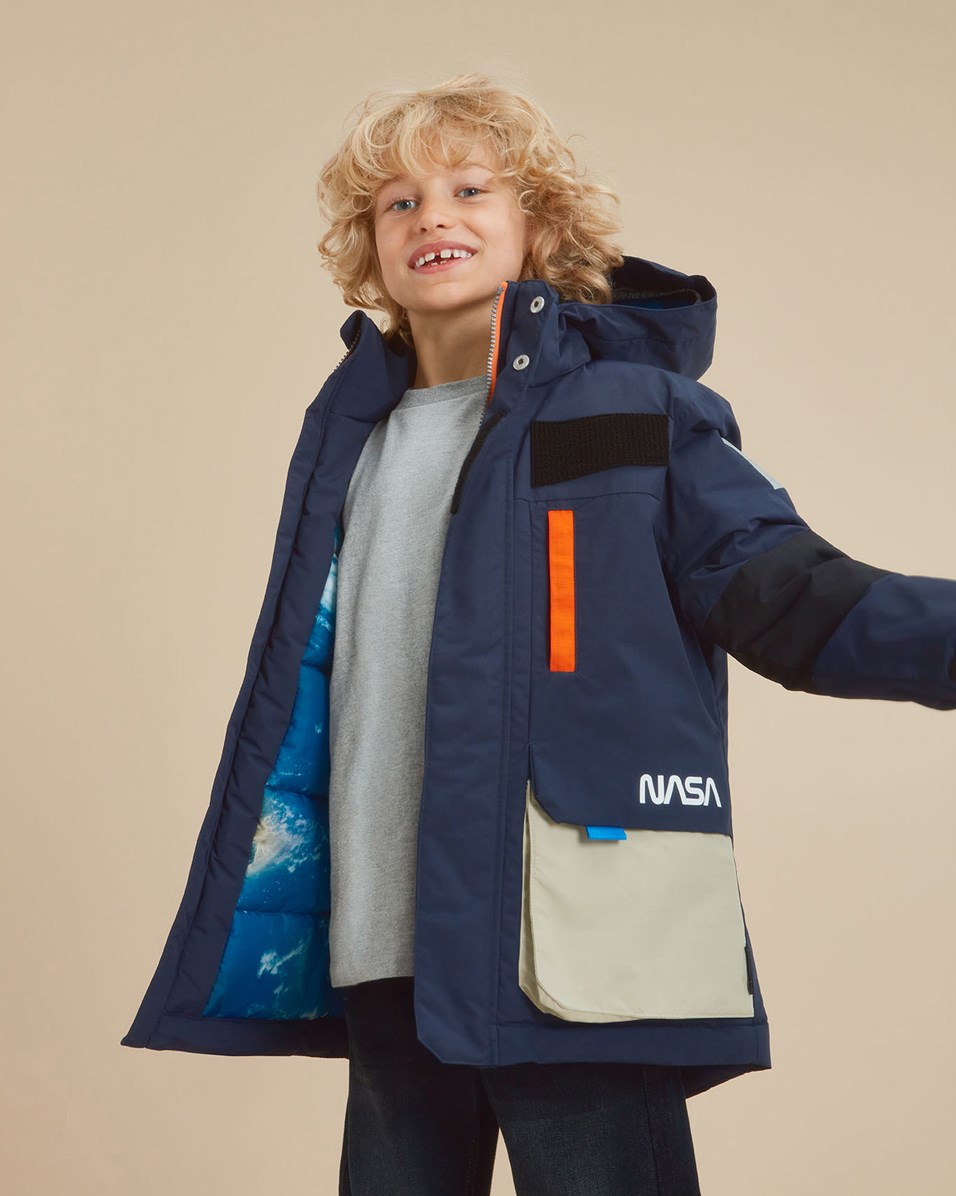 Harding - Galaxy Blue - Recycled jacket with light coloured pockets and print