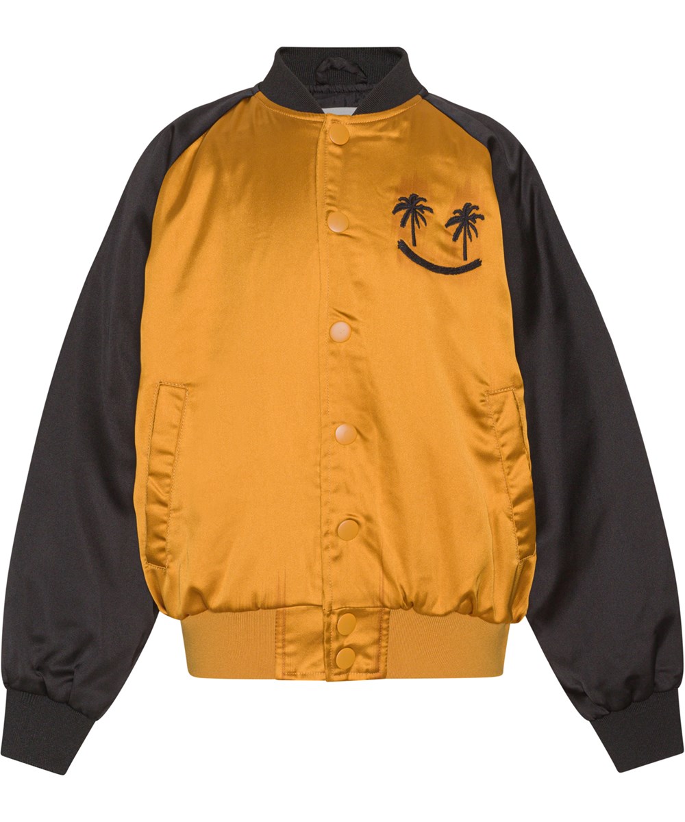 Harly - Smile Back - Bomber jacket in gold with black sleeves and smiley face embroidery
