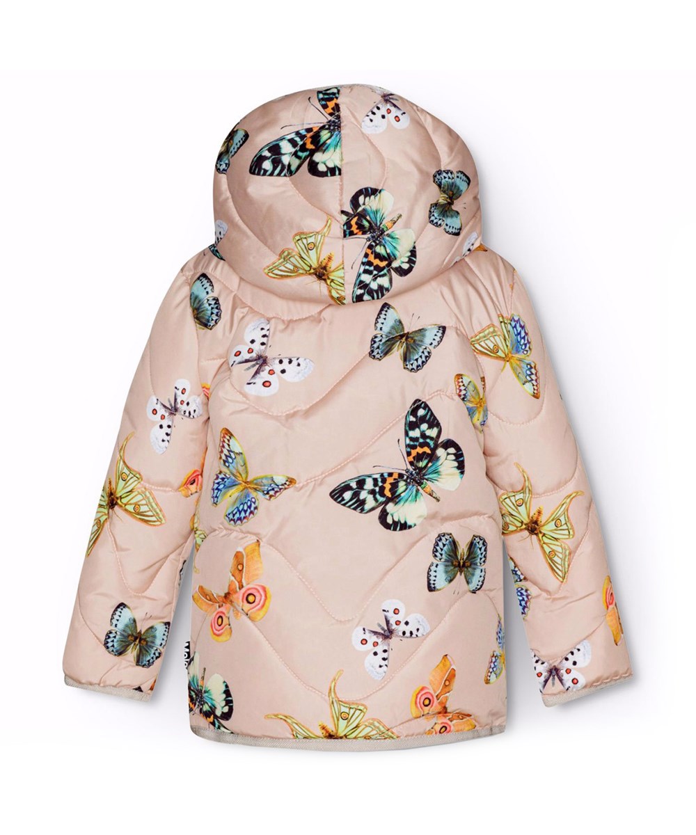 Harmony - Blush Papillions - Water-repellent pink puffer jacket for babies and toddlers with powder-coloured lining and trim.