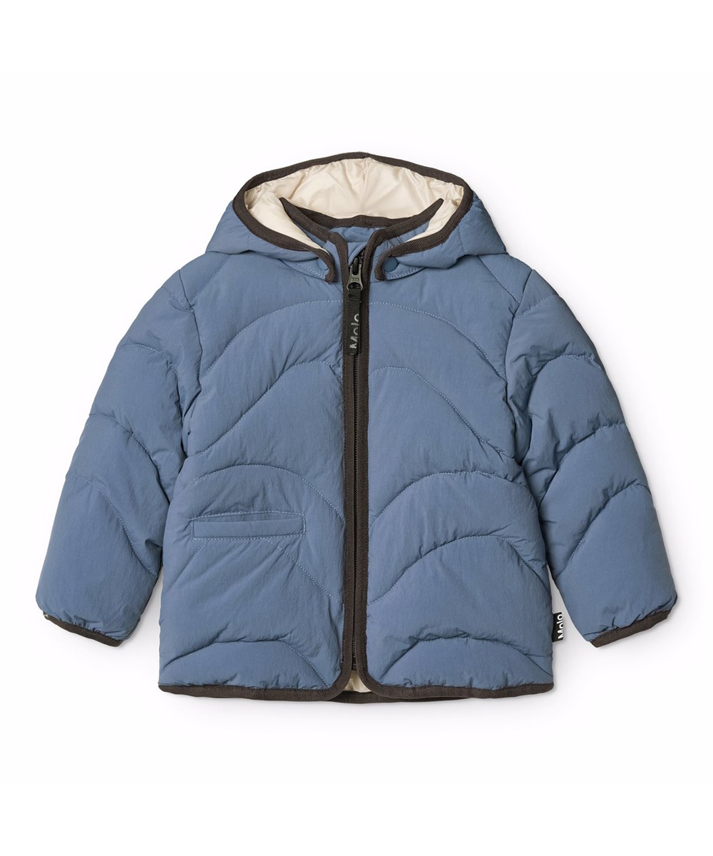 Harmony - Evening Sky - Water-repellent blue quilted jacket for the little ones made of recycled polyester with light lining and brown edges.