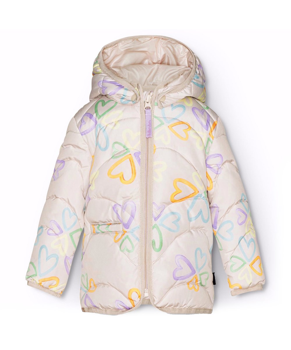 Harmony - Multi Love - Water-repellent purple puffer jacket for babies and toddlers with light pearlescent lining and trim.
