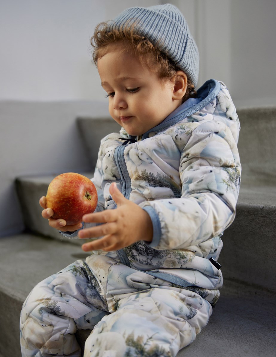 Harmony set - Snowy Bears - Water-repellent thermal set for babies and toddlers with light blue lining and trim.