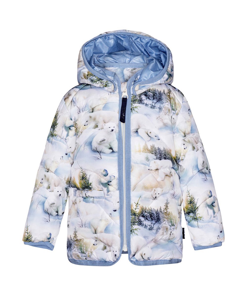 Harmony - Snowy Bears - Water-repellent puffer jacket for babies and toddlers, with light blue lining and edges.