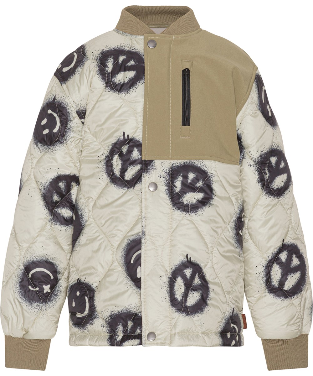 Harold - Happy Rock - Beige quilted jacket with a peace sign print 