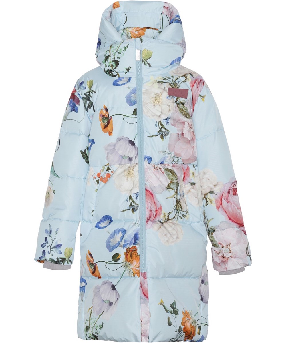 Harper - Botanic - Recycled warm and long  down coat in light blue with flowers