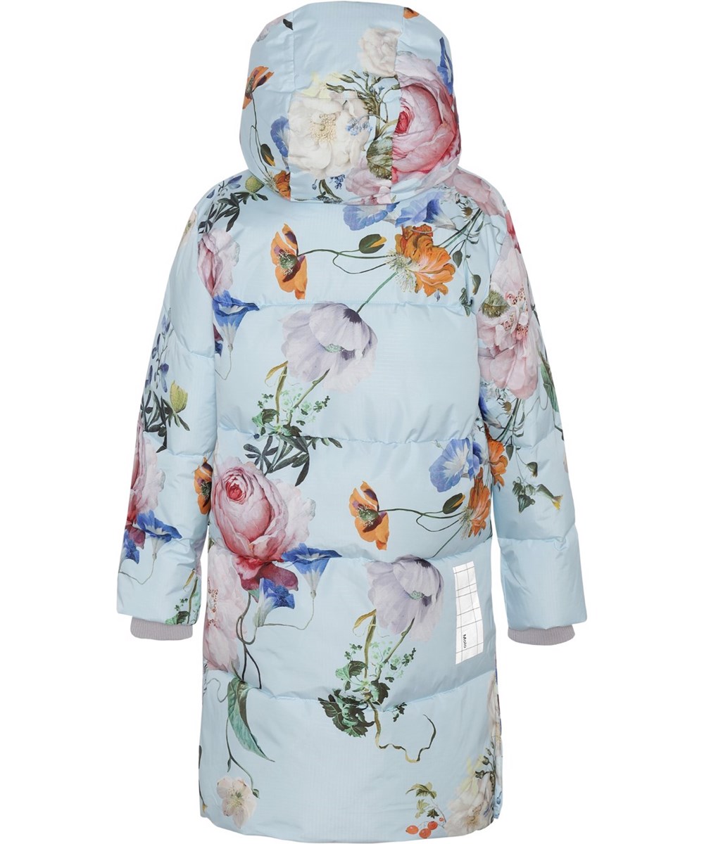Harper - Botanic - Recycled warm and long  down coat in light blue with flowers